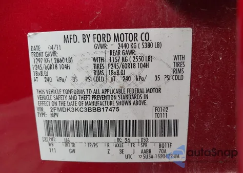 2011 Ford Edge Limited из США, поврежденный, VIN 2FMDK3KC3BBB17475